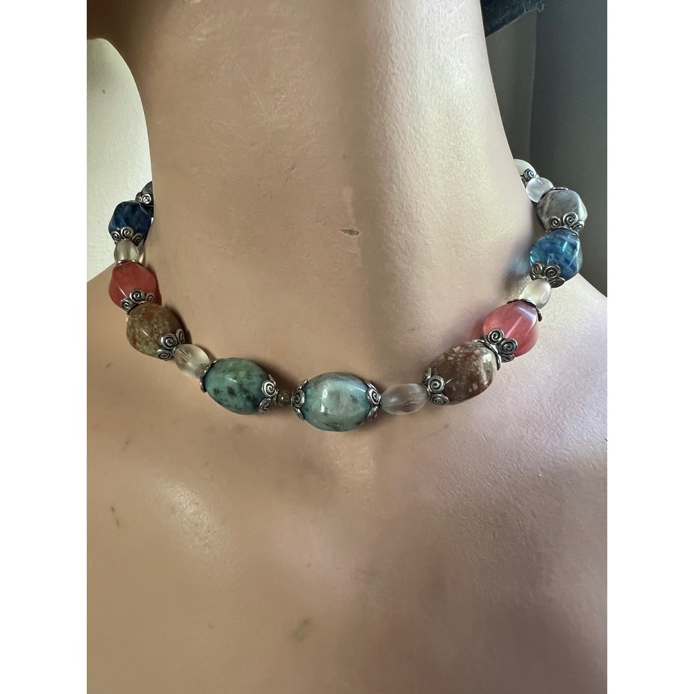 Multi Gemstone‎ Nugget Necklace 16in Sterling Silver Clasp Southwestern Vtg 90s